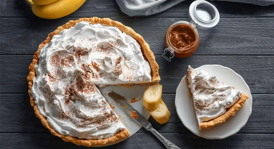 Deliciosa banoffee tarta con abundante nata, espolvoreada con canela. Un trozo ya servido y plátanos frescos acompañan.