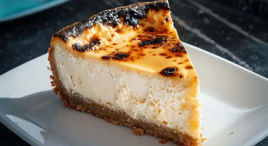 Rebanada de tarta de queso con base crujiente y cobertura dorada caramelizada. ¡Un delicioso custard cake!