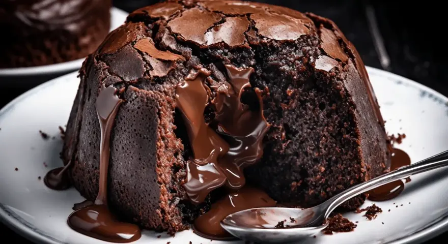 Un delicioso souffle de chocolate con centro líquido, chorreando sobre un plato blanco con una cuchara.