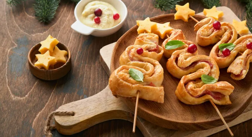 Delicioso árbol de navidad hojaldre con queso en forma de estrella y arándanos.