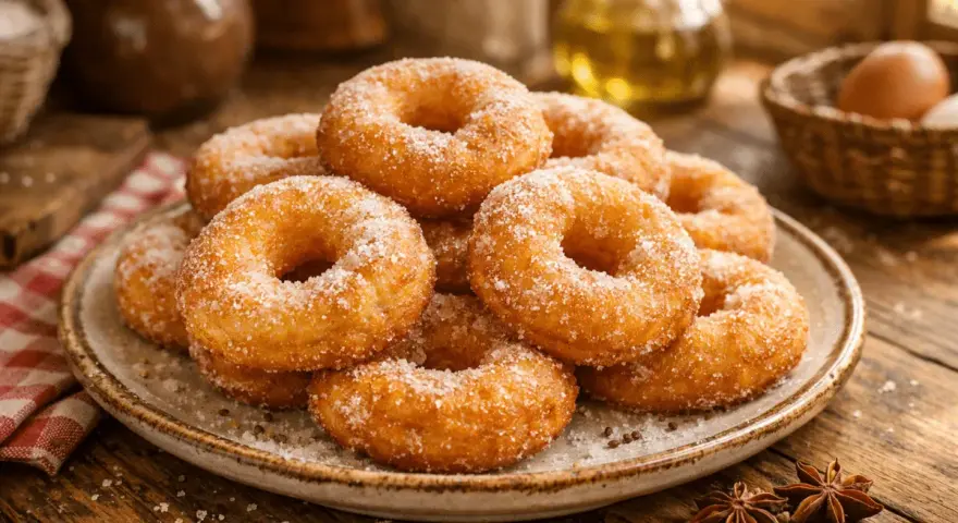 Rosquillas de anís recién hechas, cubiertas de azúcar, apiladas en un plato rústico sobre una mesa de madera.