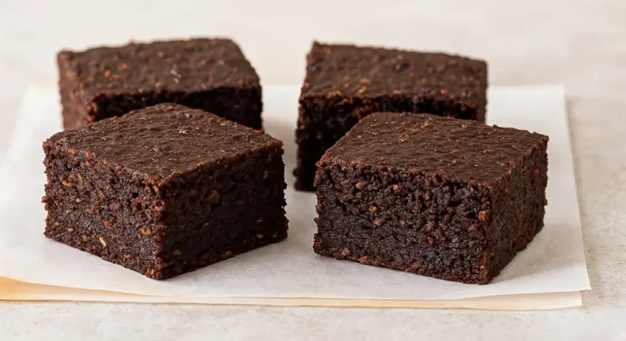Cuatro deliciosos brownie avena y cacao, con textura rústica y color intenso, servidos sobre papel de horno.