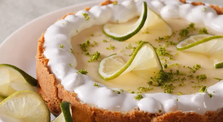 Delicioso key lime pie con merengue, rodajas de lima y ralladura verde.