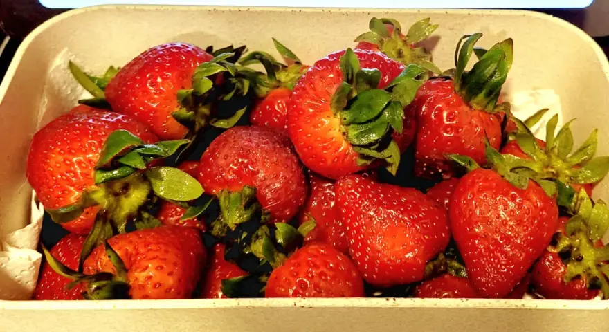 Un tazón lleno de jugosas fresas rojas, listas para ser bañadas en dulce leche condensada.