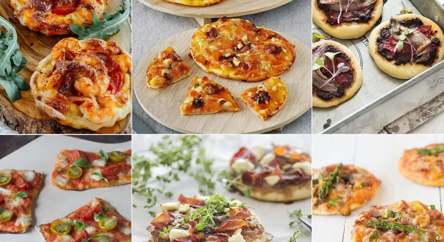 Variedad de mini pizzas caseras: con gambas, queso, tomate, jamón y espárragos. ¡Un festín de mini pizzas!