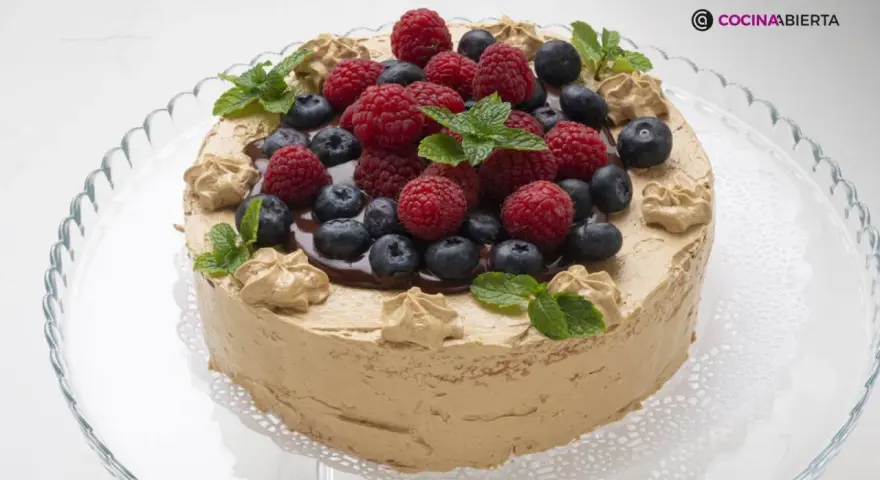 Deliciosa tarta de moka cubierta con frutos rojos frescos, chocolate y hojas de menta. ¡Un postre irresistible!