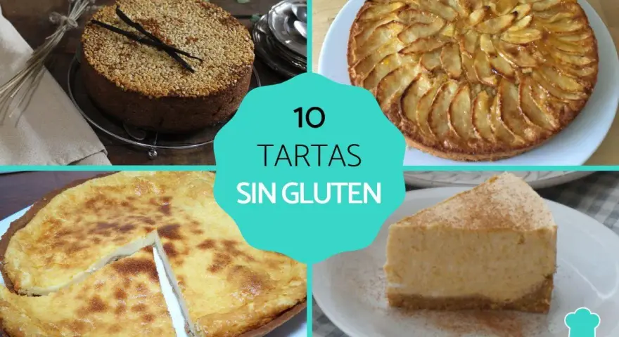 Cuatro deliciosas tartas sin gluten: una cubierta de semillas, otra de manzana, una tarta cremosa y un trozo de tarta de calabaza.