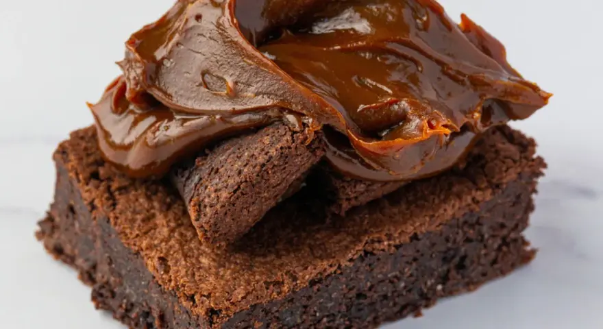 Delicioso brownie sin gluten cubierto con dulce de leche cremoso.