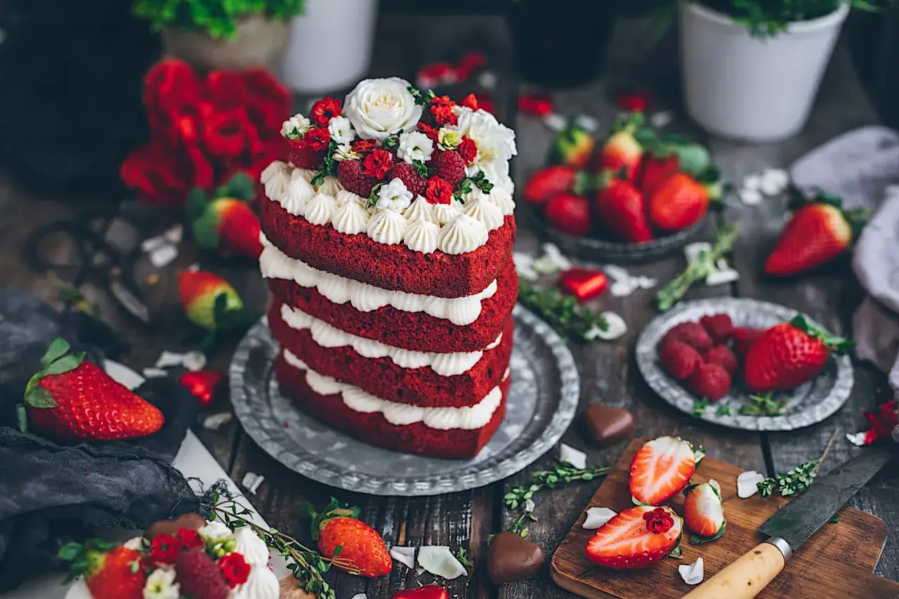 Torta red velvet de varios pisos, decorada con crema, fresas y flores. Perfecta para celebrar el amor.