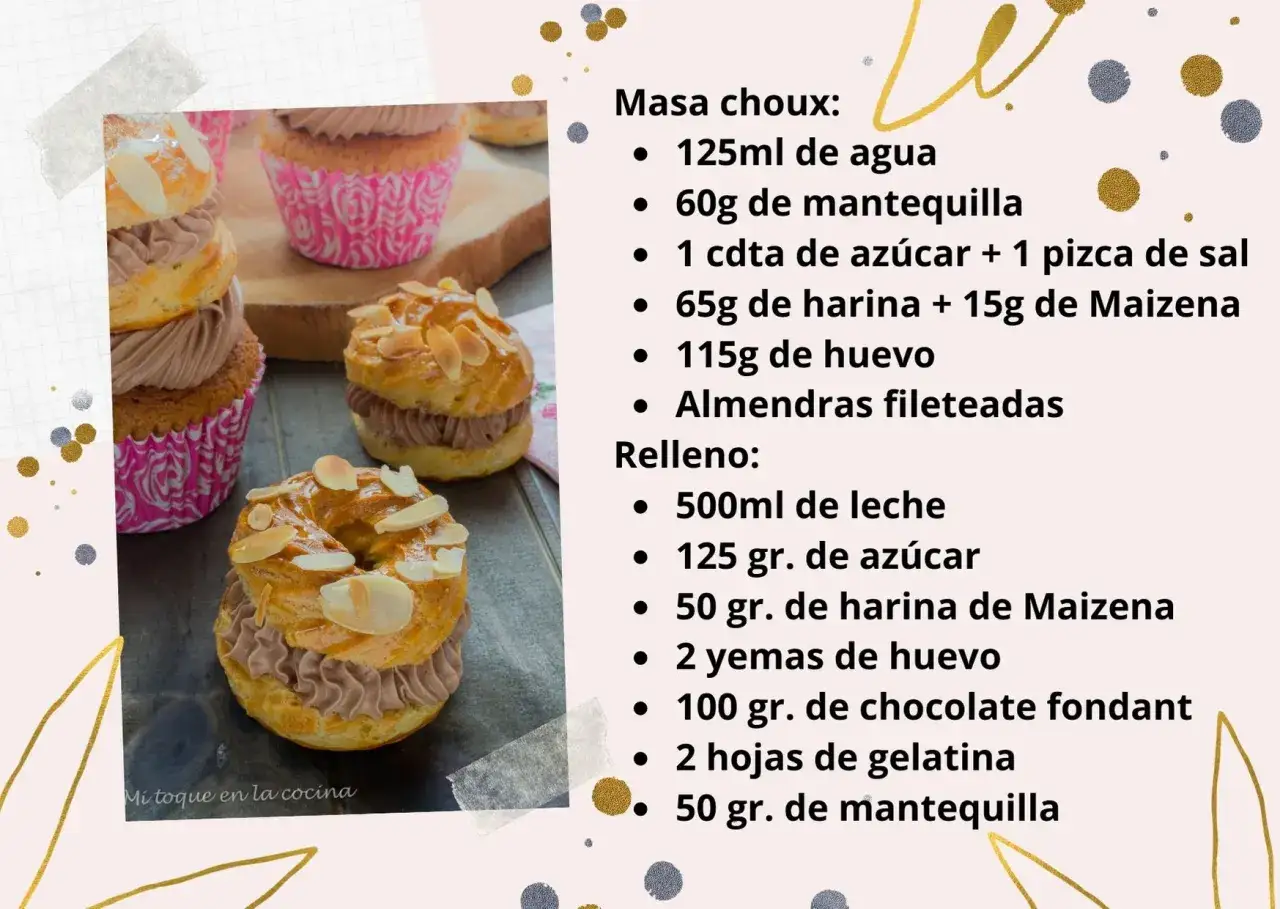 Delicioso postre paris brest, con relleno cremoso de chocolate y almendras, listo para disfrutar.
