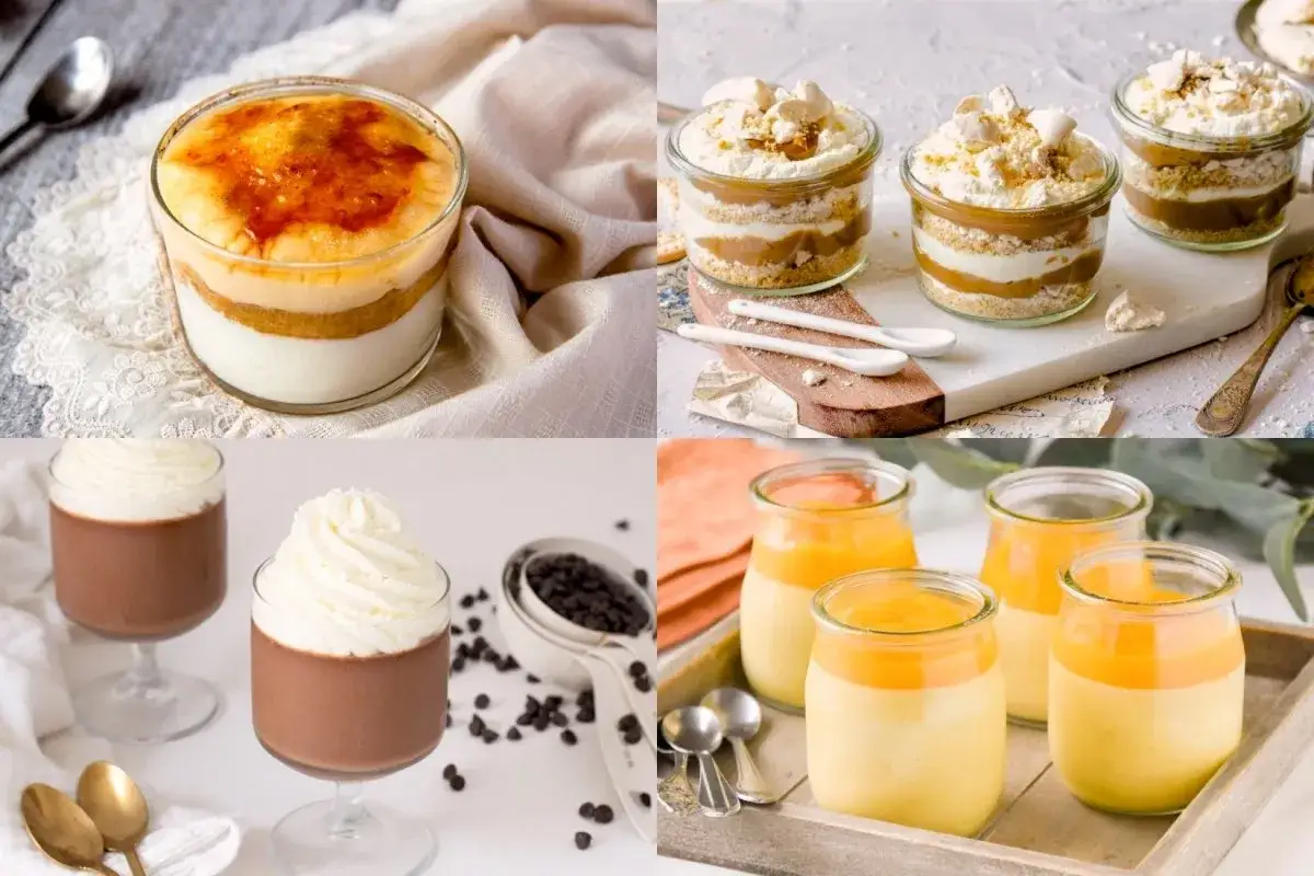 Cuatro tipos de postres fáciles en vasitos: crema quemada, capas de galleta y dulce de leche, chocolate con crema y natillas de mango.