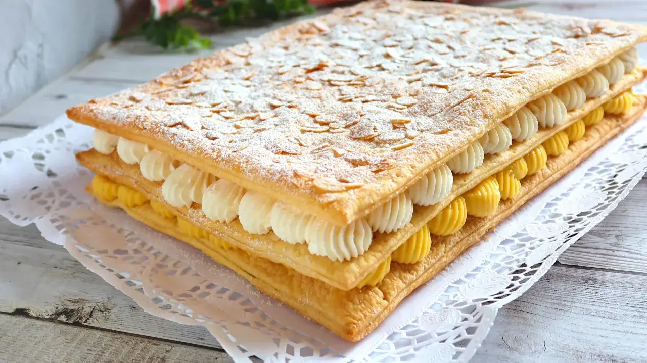 Delicioso pastel de milhojas de crema, con capas de hojaldre crujiente, crema pastelera amarilla y crema batida blanca, espolvoreado con az&uacute;car glas y almendras laminadas.