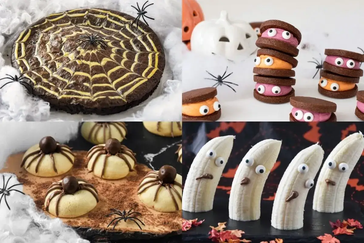 Pastel telaraña, galletas araña, sándwiches monstruosos y plátanos fantasmas. ¡Un festín de postre Halloween!