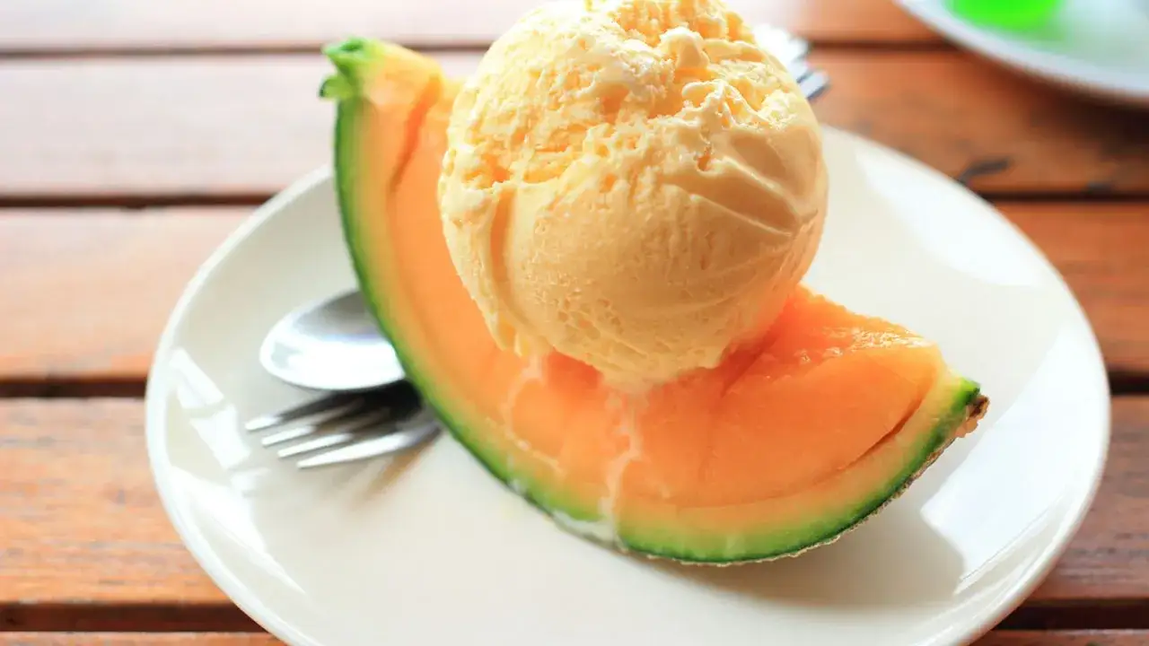 Una bola cremosa de helado de mel&oacute;n se derrite sobre una jugosa rebanada de mel&oacute;n fresco en un plato blanco.