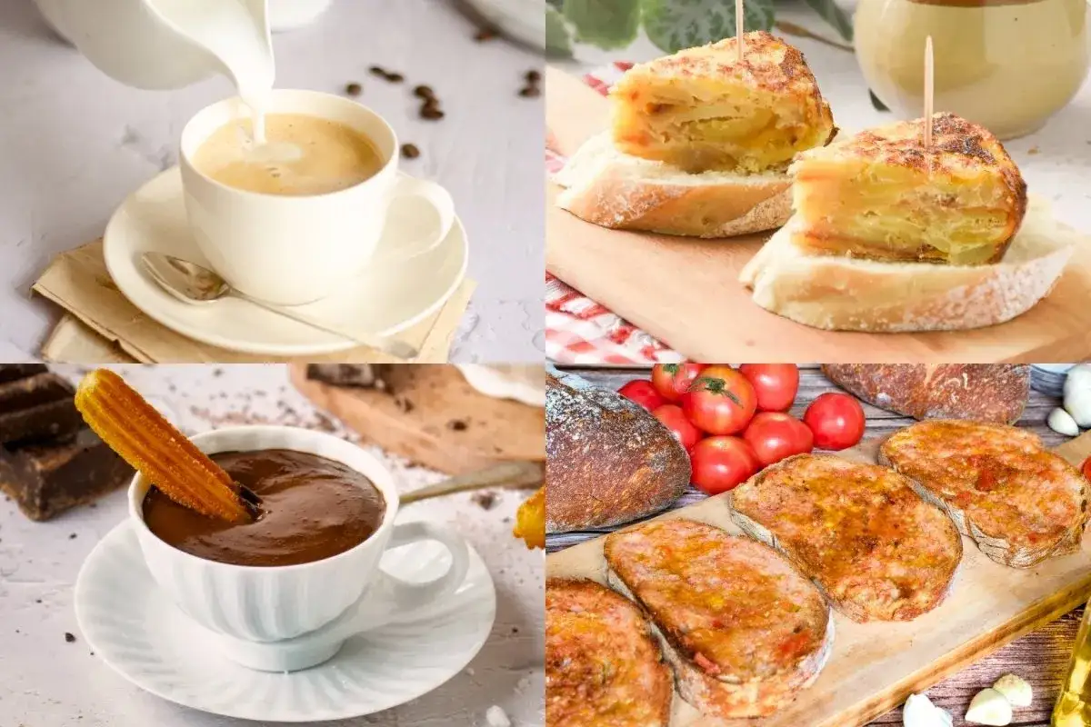 Caf&eacute; con leche, churros con chocolate, tortilla espa&ntilde;ola y pan con tomate. Deliciosas recetas para desayuno.