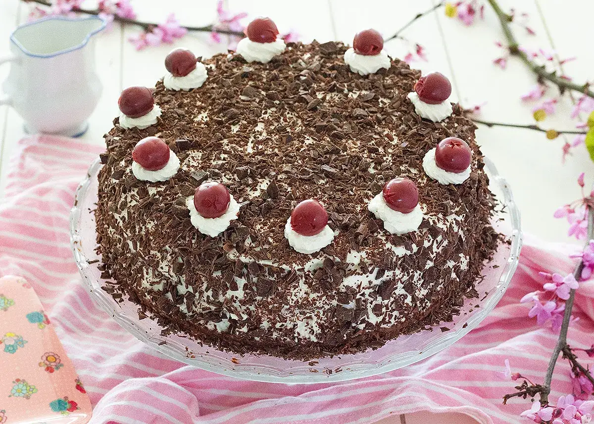 Tarta Selva Negra: bizcocho de chocolate, nata y cerezas. Una deliciosa receta para disfrutar.