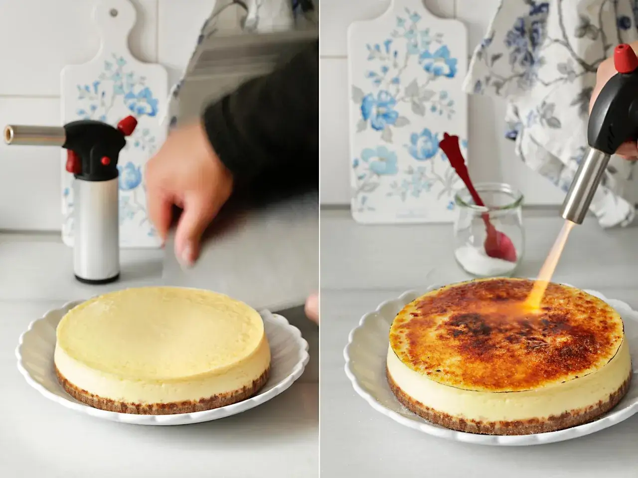 Creando un cremoso cheesecake con capa crujiente de caramelo, como un creme brulee cheesecake.