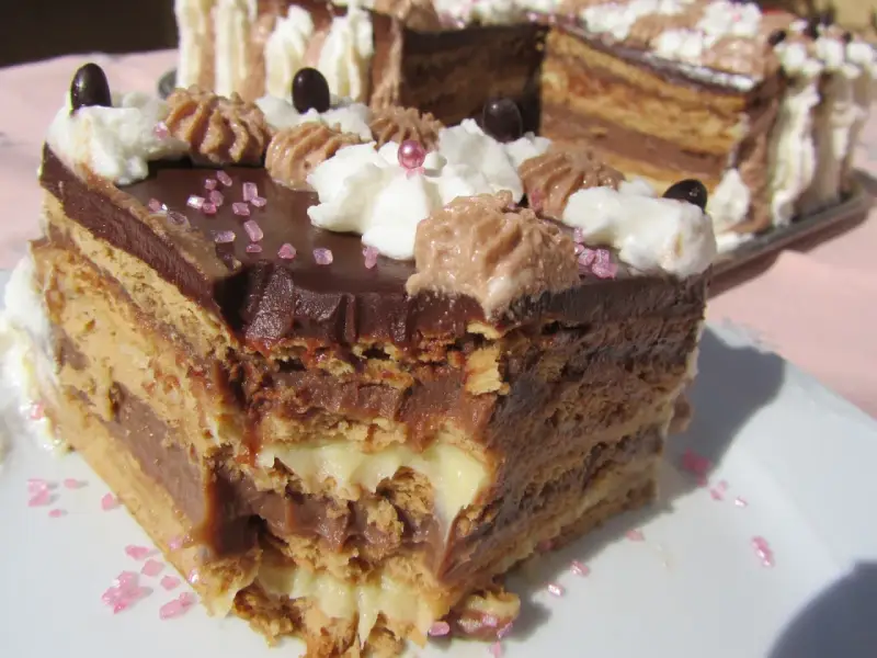 Delicioso postre Thermomix en capas de bizcocho y crema de chocolate, decorado con nata y granillo rosa.